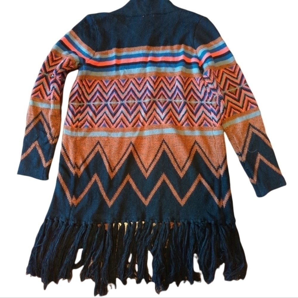 colorful tribal knit fringe Bohemian Festival long open duster/cardigan sz M - Picture 6 of 14